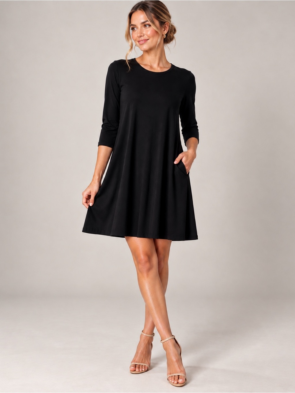 Leota Black Dress Large Solid Minimalist Stretch Flowy 3/4 Sleeves Pockets Swing